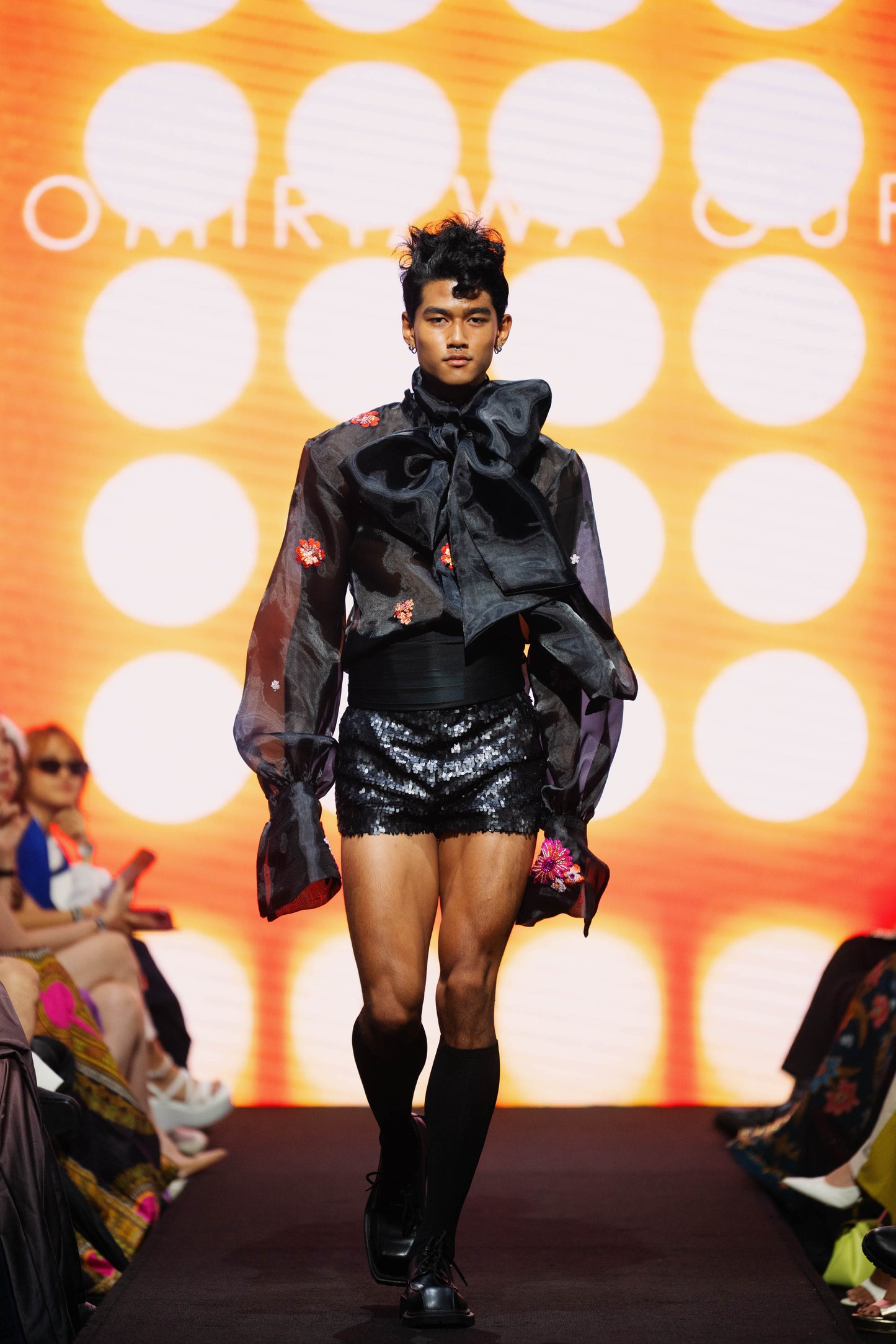 ORGANZA SHIRT W OVERSIZED SLEEVES + EMBELLISHMENT & DISCO TUX BOXER & CUMMERBAND