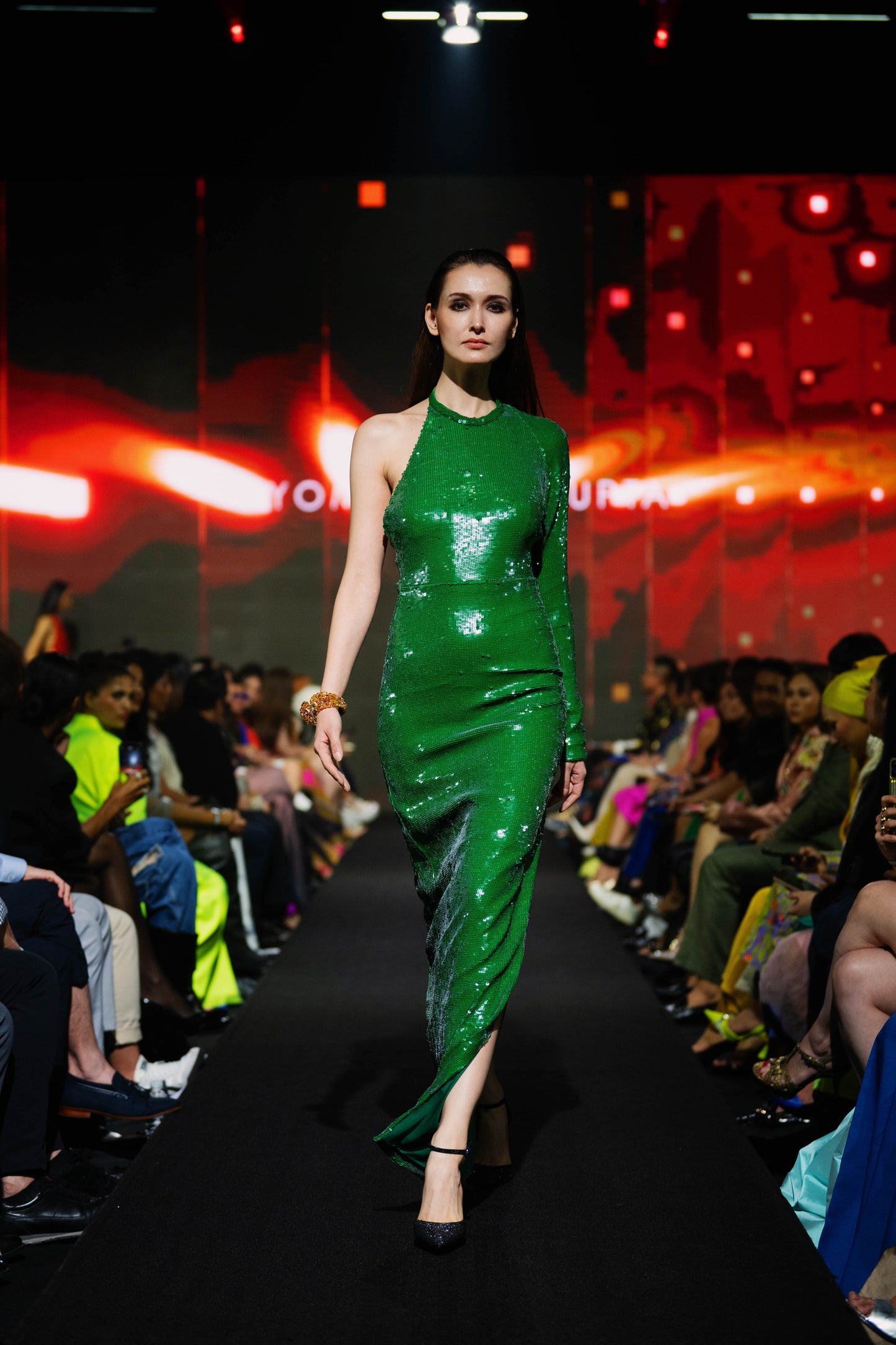 ASSYMETRICAL SEQUIN HALSTON DRESS