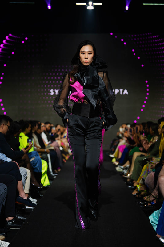 ORGANZA BROCADE TOP & TROUSERS W DISCO TRIM & CUMMERRBAND