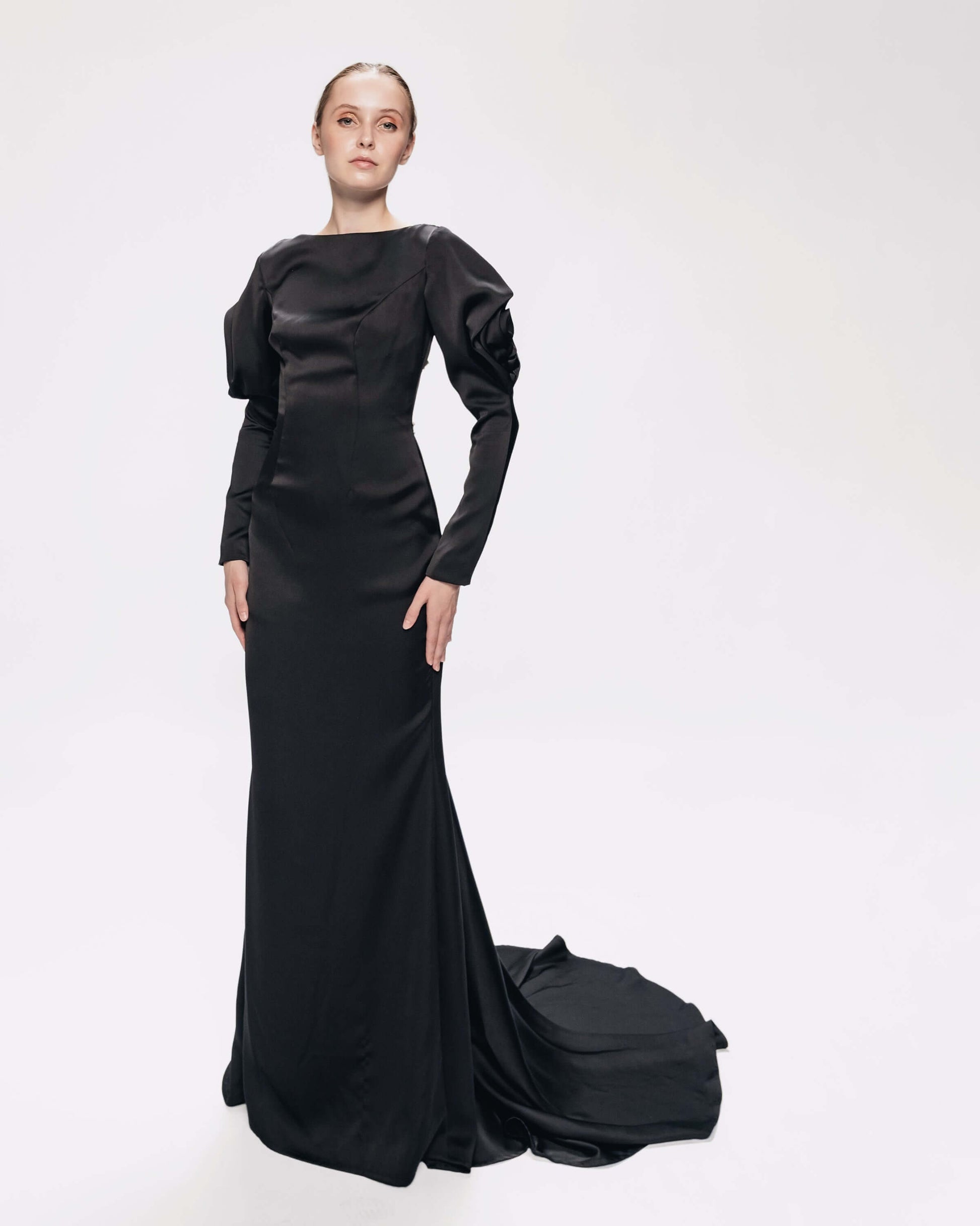 Empress dress - Rose sleeve boat neck fitted dress with godet train syomirizwagupta Empress dress - Rose sleeve boat neck fitted dress with godet train syomirizwagupta